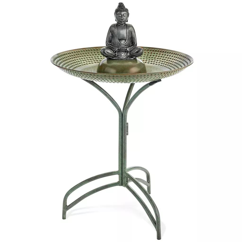 20-inch Blue Verde Copper Bird Bath with Buddha By Good Directions