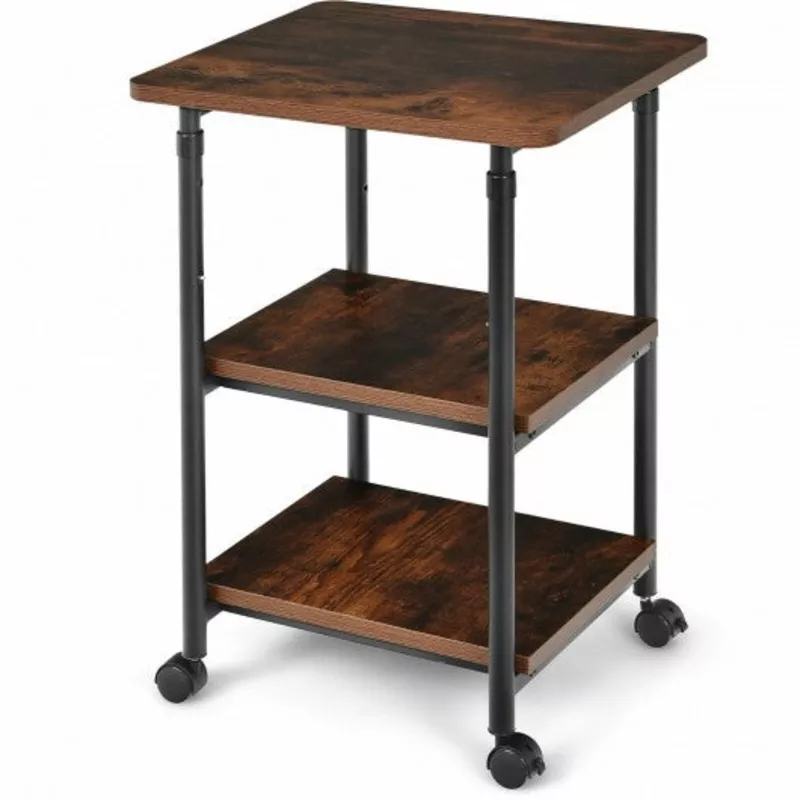 3-tier Adjustable Printer Stand with 360 Swivel Casters-Brown