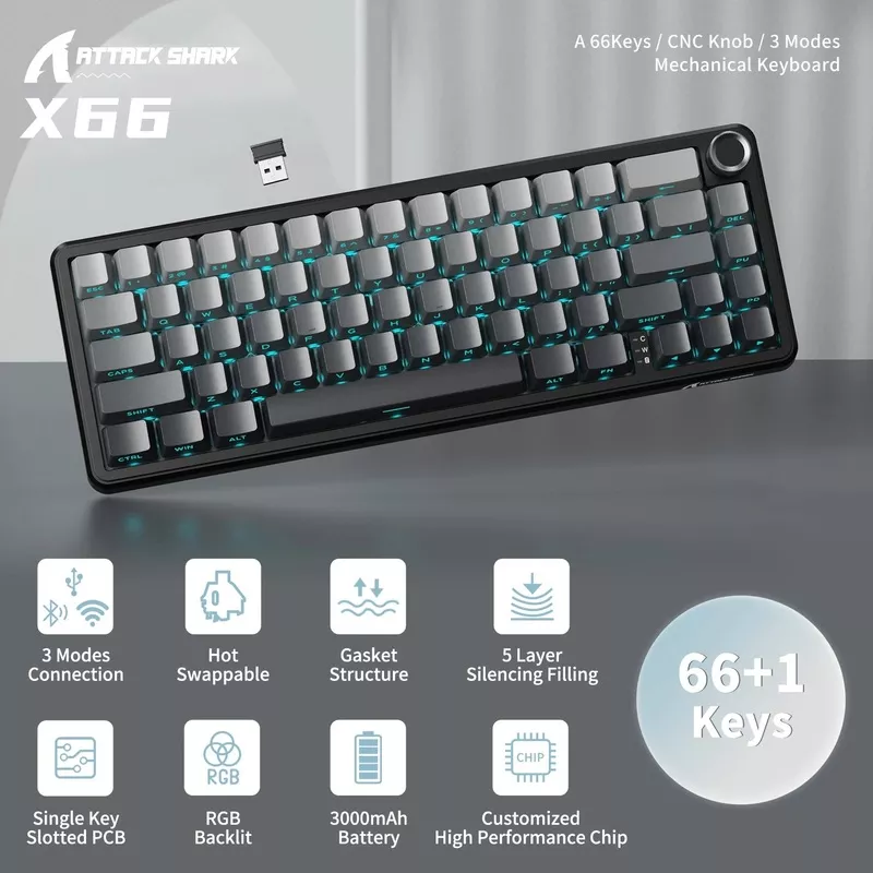 ATTACK SHARK X66 65% Wireless Mechanical Keyboard with Knob WHITE