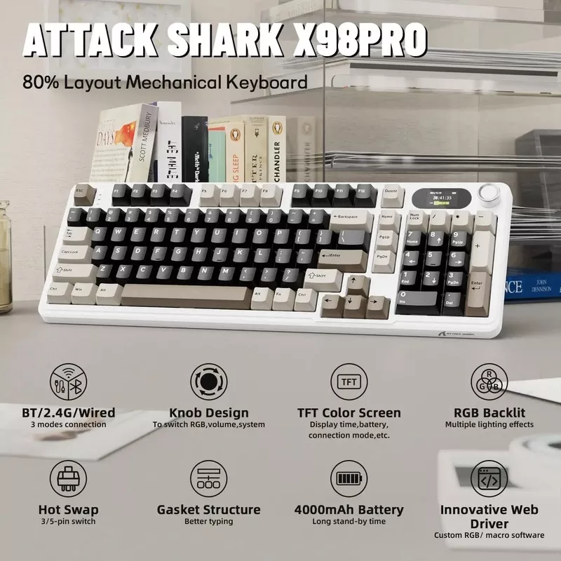 attack-shark-x98pro-wireless-mechanical-keyboard-with-screen-knob-black ATTACK SHARK X98Pro Wireless Mechanical Keyboard with Screen & Knob black