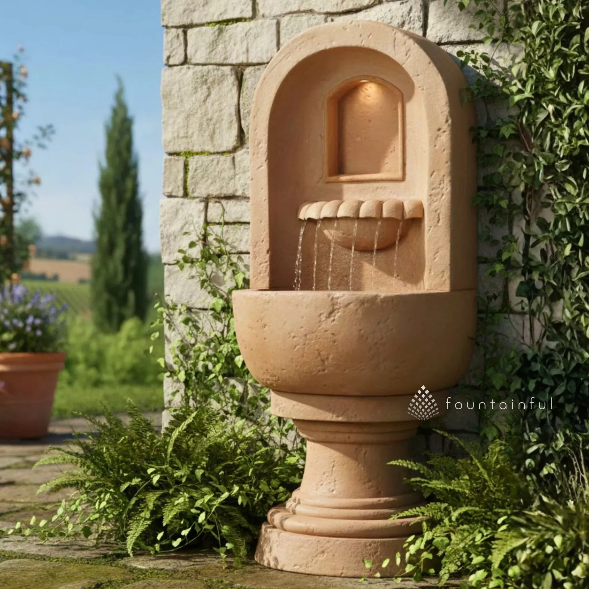 basque-concrete-wall-fountain-with-light-fiore-2083 Basque Concrete Wall Fountain with Light - Fiore #2083