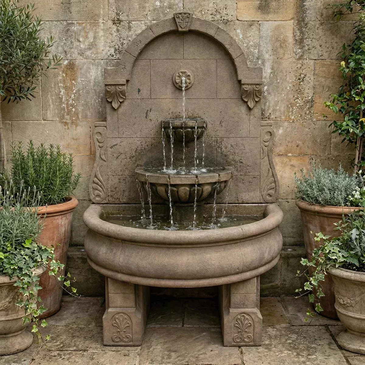 Bavarian Wall Fountain with Plain Basin and Pedestals