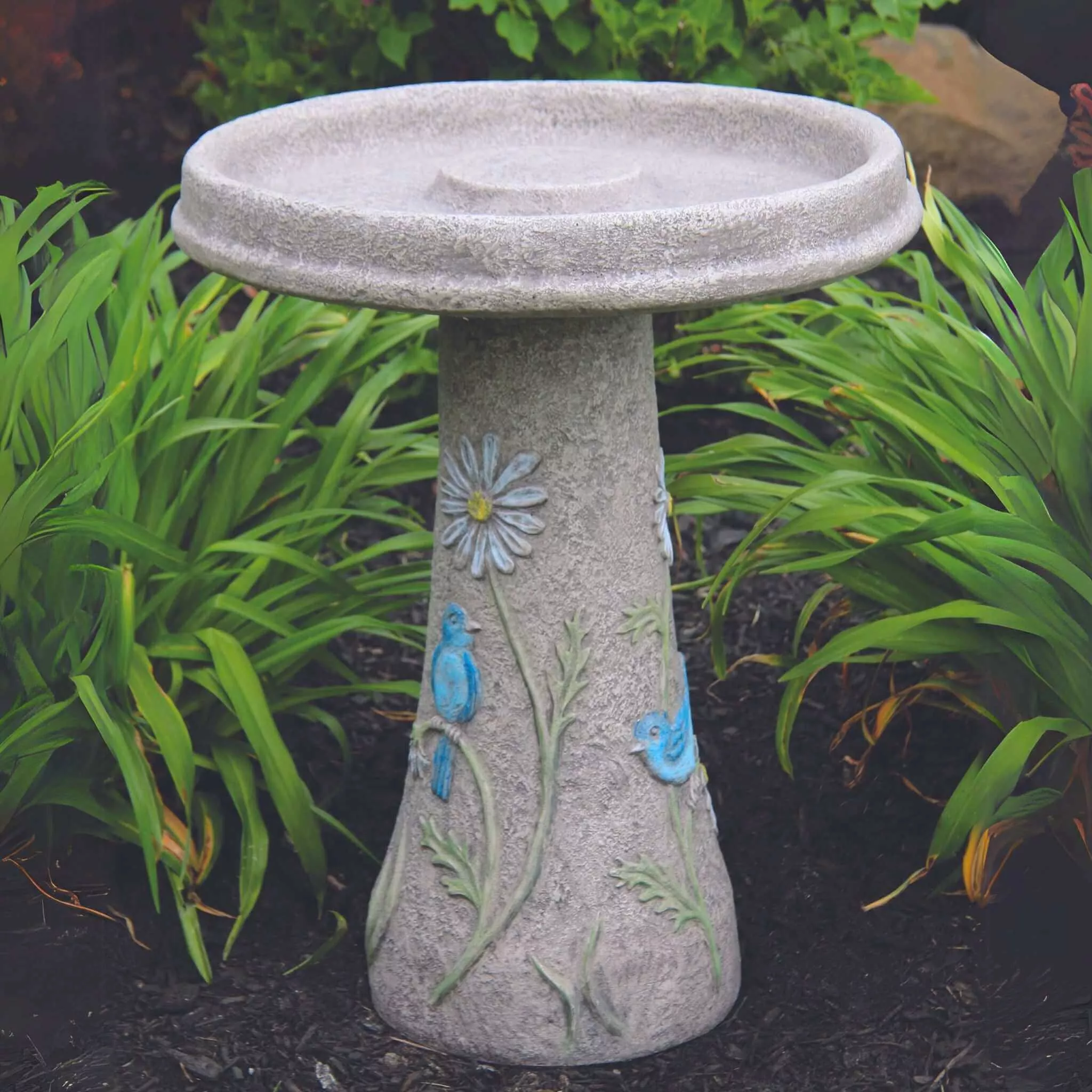 Bluebird & Flowers Concrete Bird Bath - Massarellis #9761