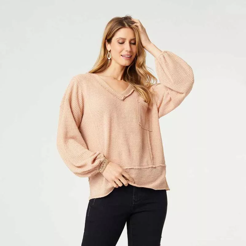 coco-carmen-v-neck-soft-waffle-top-beige Coco+Carmen, V-Neck Soft Waffle Top, Beige