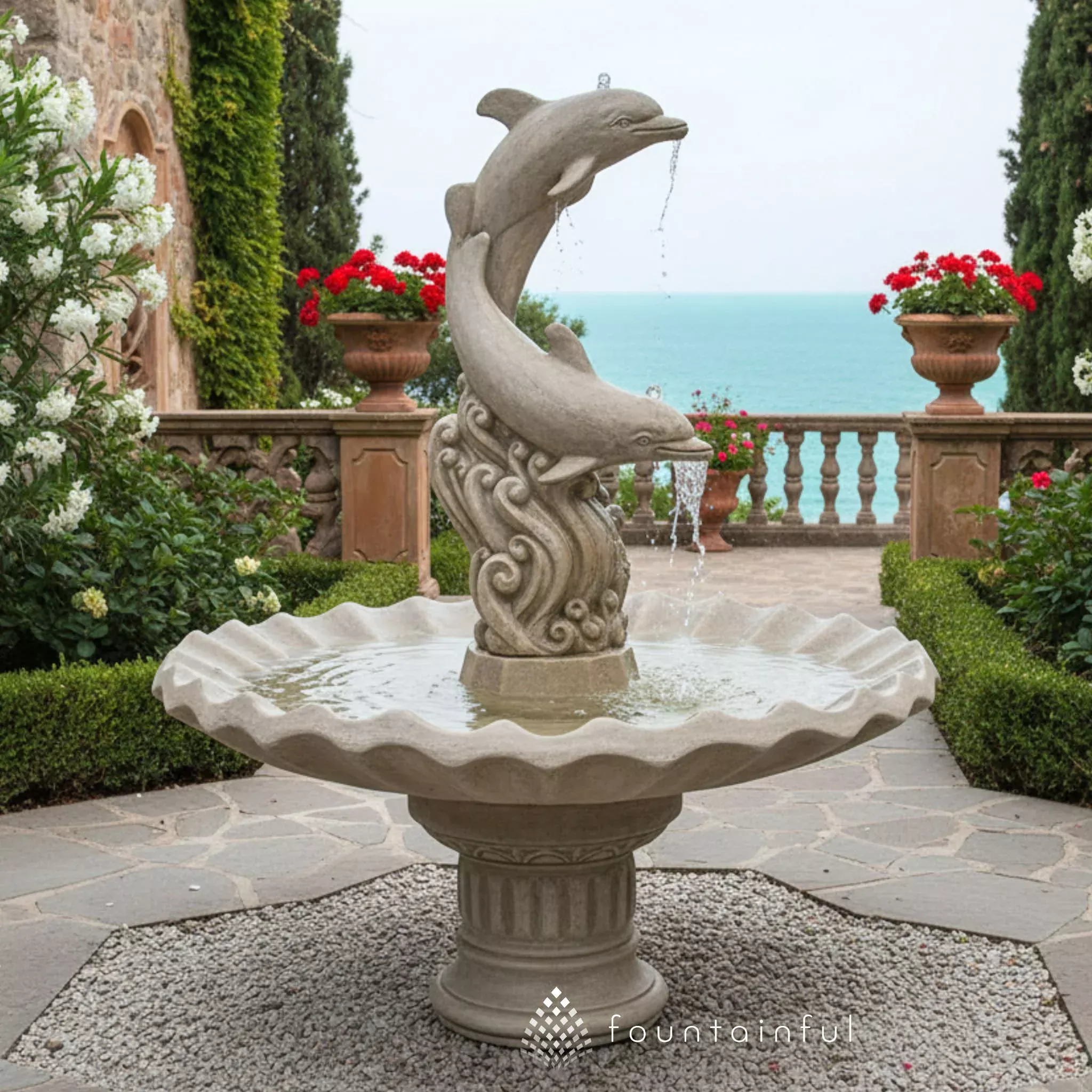 dolphins-with-shell-bowl-concrete-fountain-fiore-2007 Dolphins with Shell Bowl Concrete Fountain - Fiore #2007