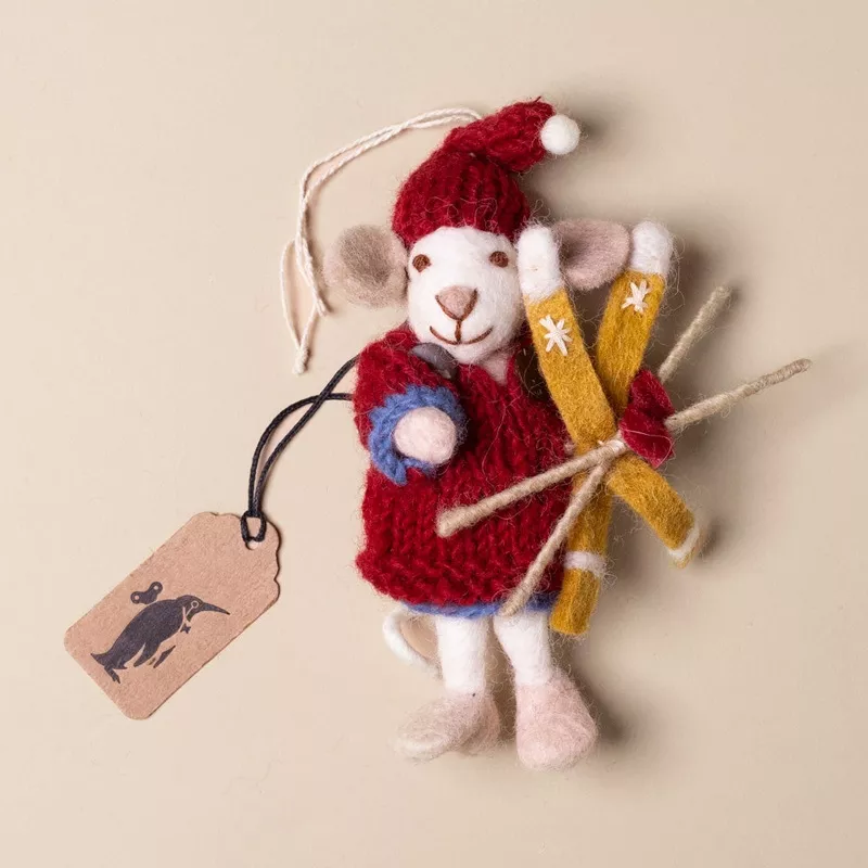 Felted White Mouse Ornament | Red Dress & Skis