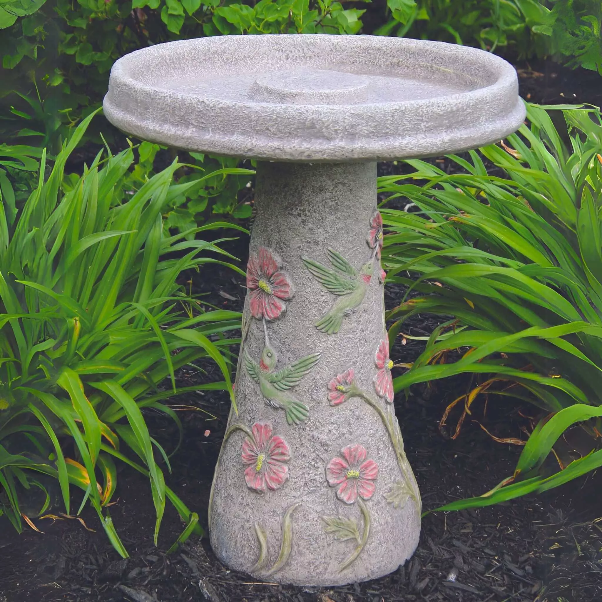 Hummingbird & Flowers Concrete Bird Bath - Massarellis #9757