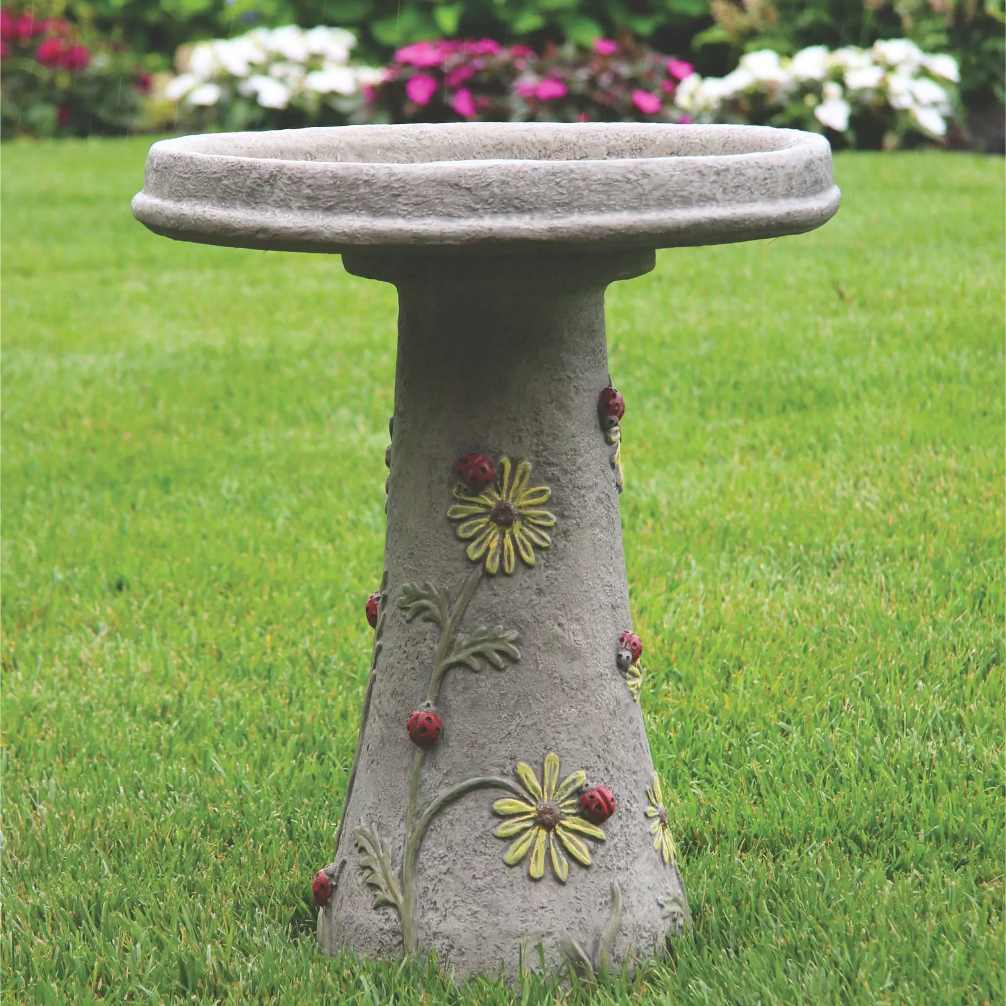Ladybug & Flowers Concrete Bird Bath - Massarellis #9777