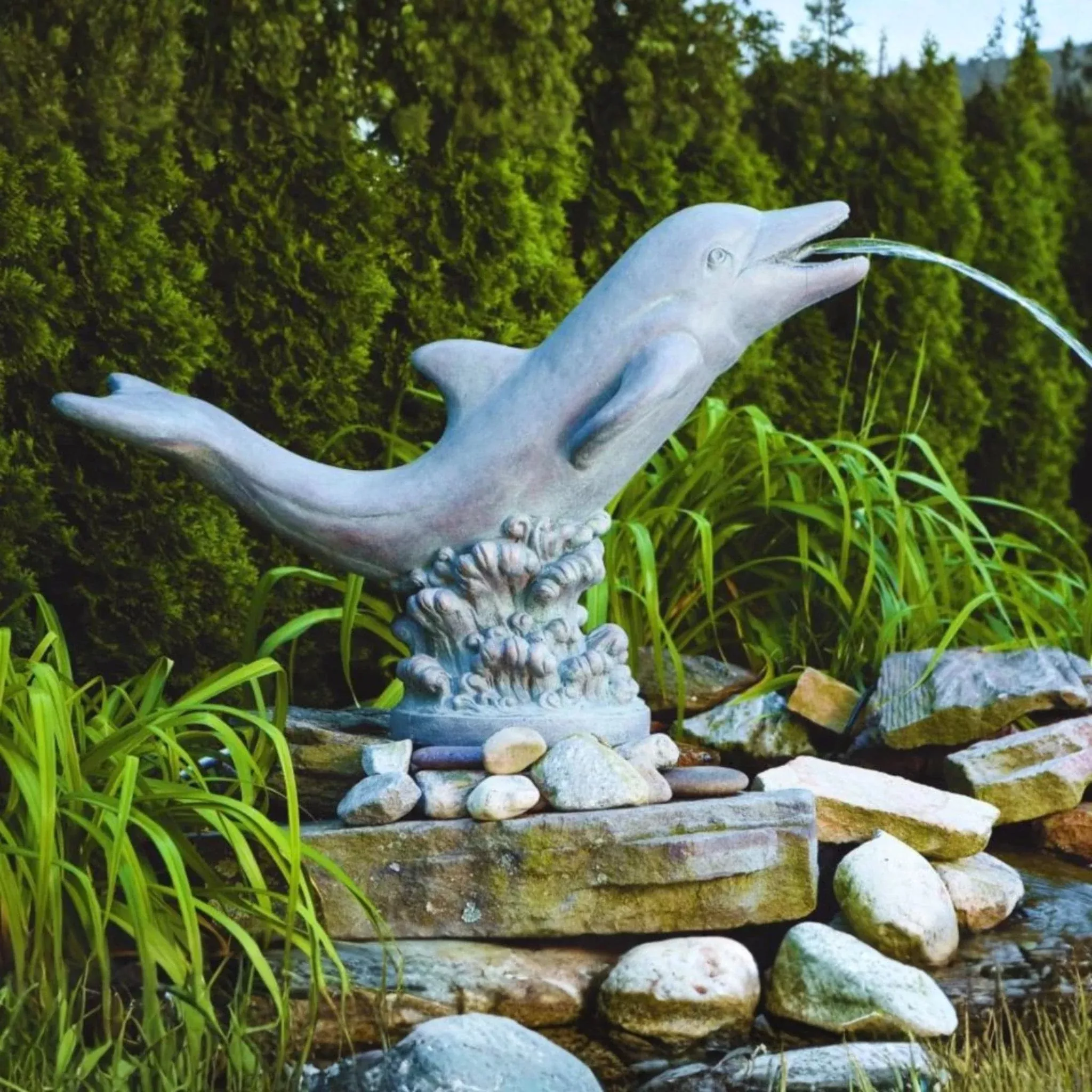 lying-dolphin-plumbed-concrete-water-statue-massarellis-4105 Lying Dolphin Plumbed Concrete Water Statue - Massarellis #4105