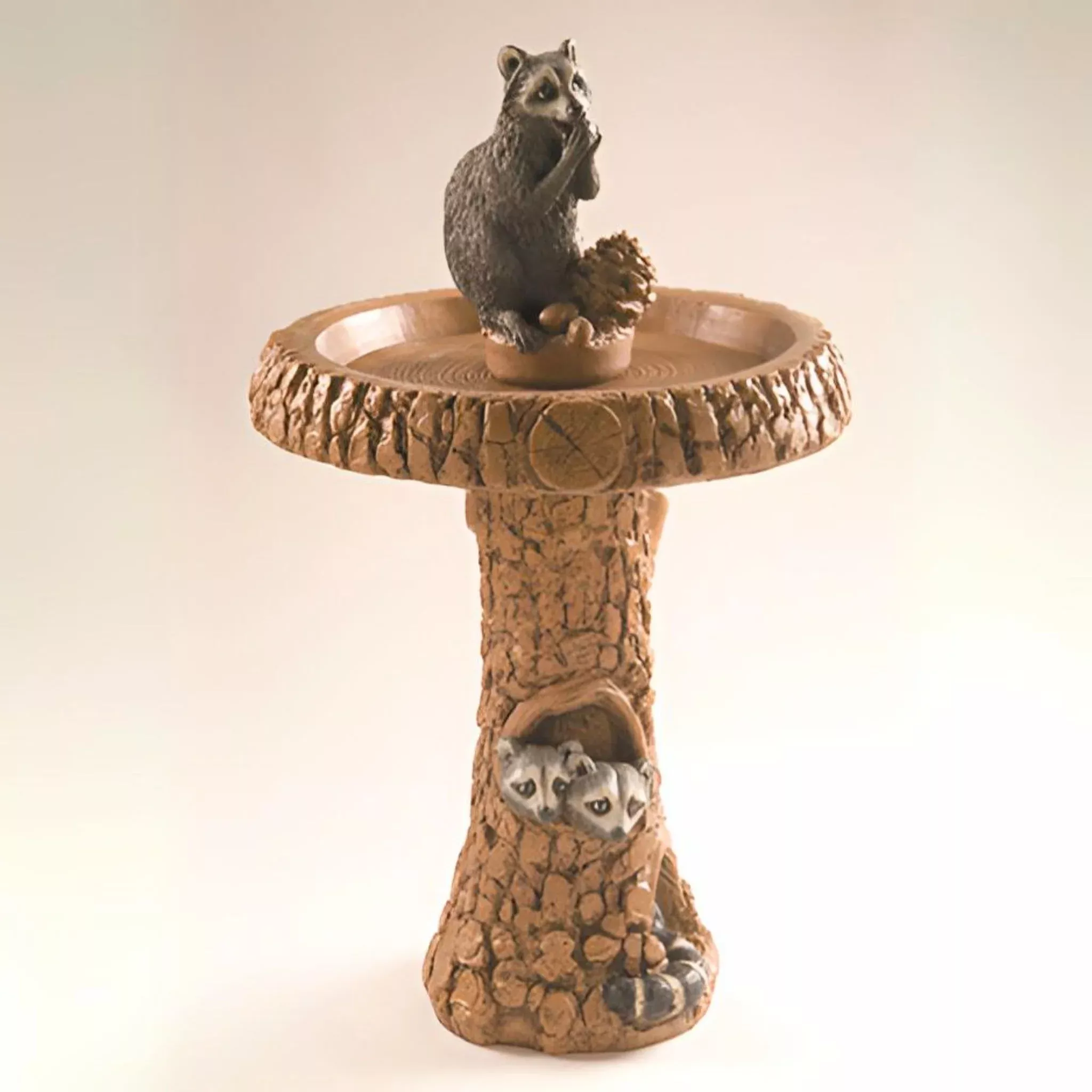 raccoon-pinecone-concrete-bird-bath-fiore-412 Raccoon & Pinecone Concrete Bird Bath - Fiore #412