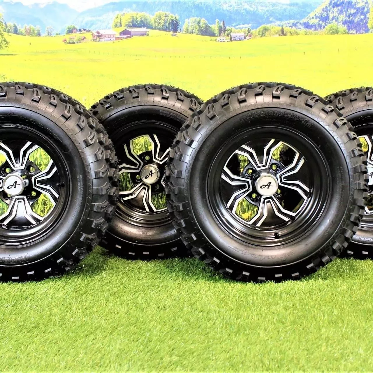 (Set of 4) 23x10.50-12 ATW-045 with 12x6 Black Fusion Aluminum Wheels for Golf/ATV/UTV