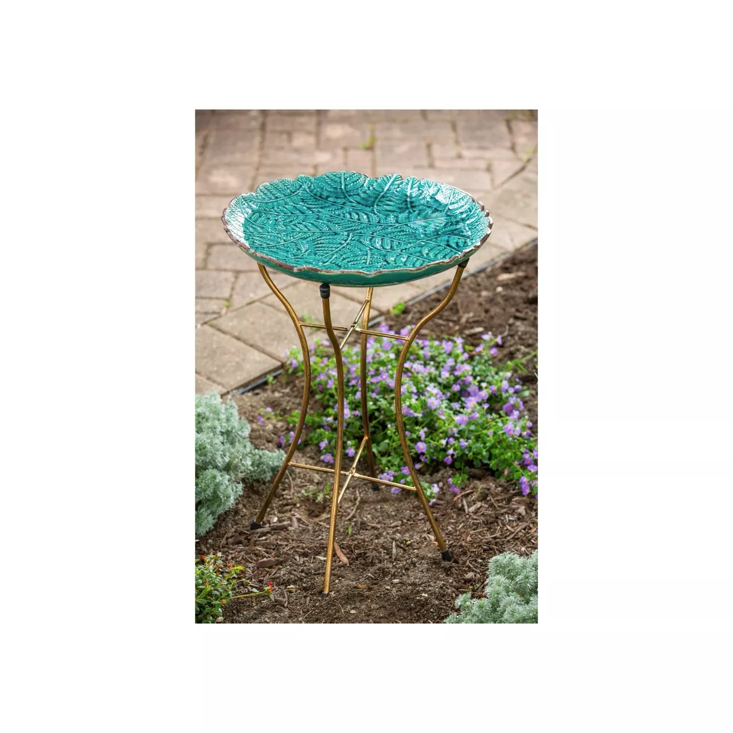 Teal Fern Birdbath with stand